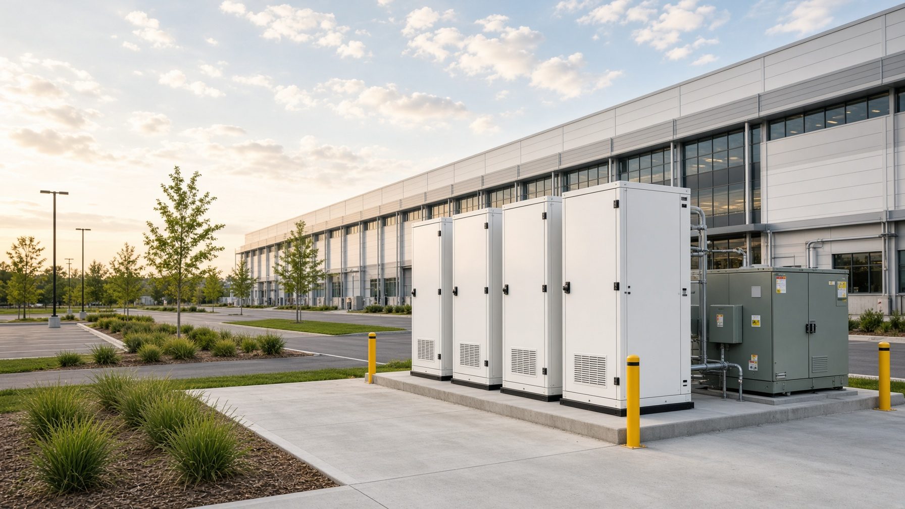 Containerized battery energy storage units beside a manufacturing plant
