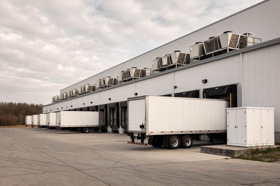Refrigerated warehouse with trucks at the loading docks