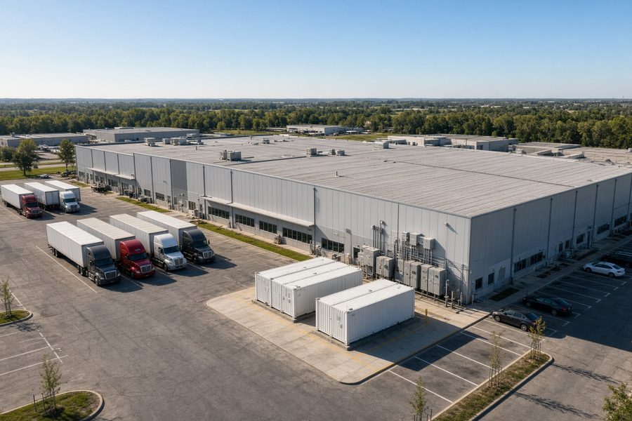Manufacturing plant with battery storage containers