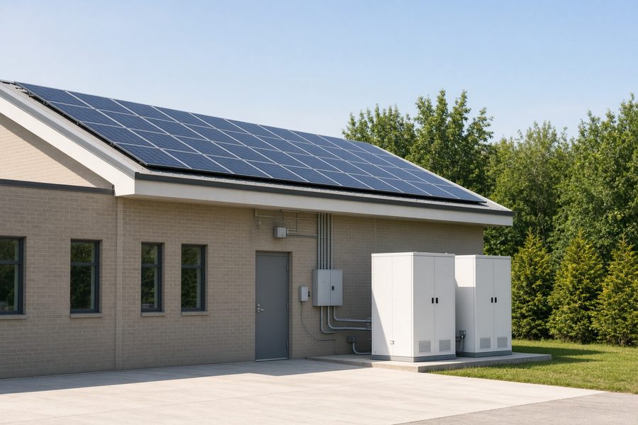 Commercial building with rooftop solar and battery cabinets