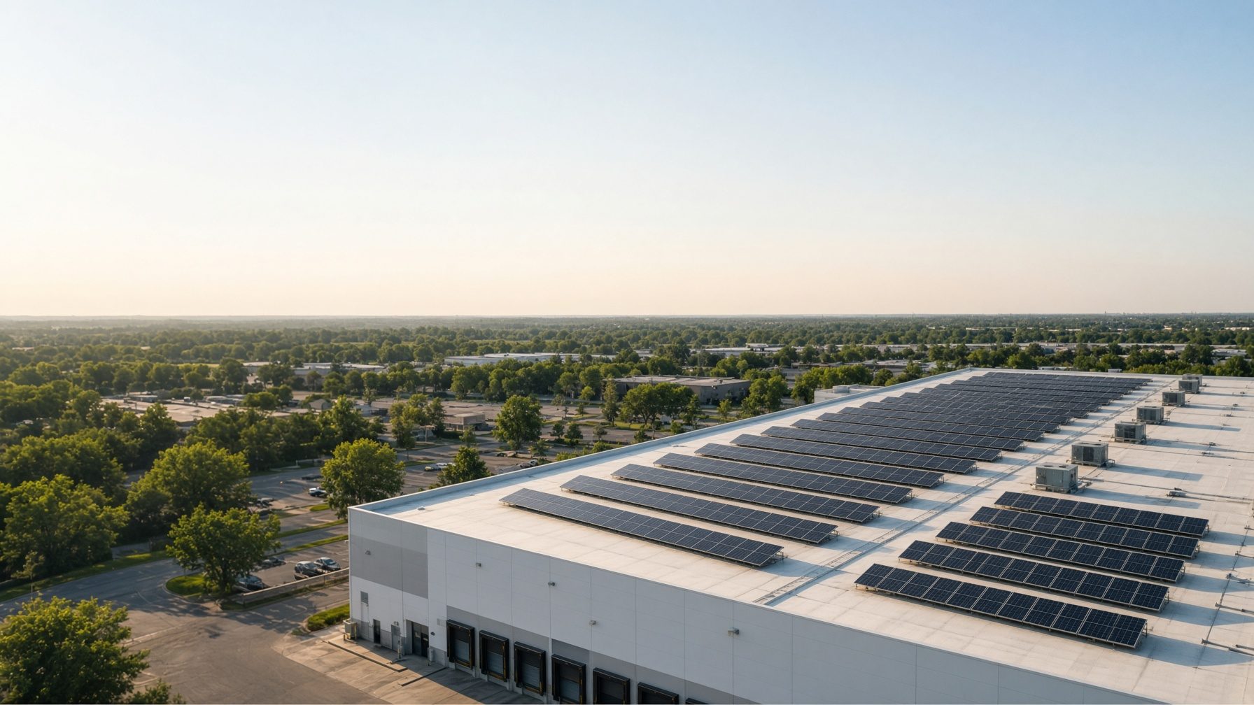 Commercial warehouse roof covered with rows of solar panels