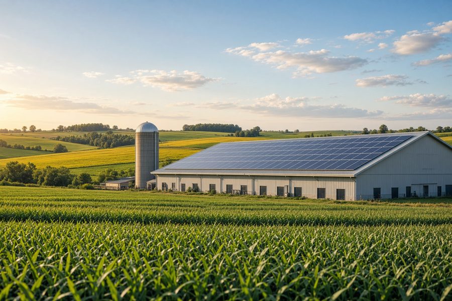 Farm building with solar panels on the roof