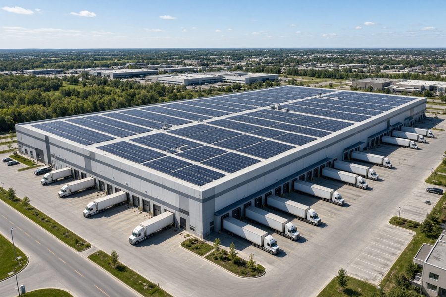 Warehouse roof with solar panels