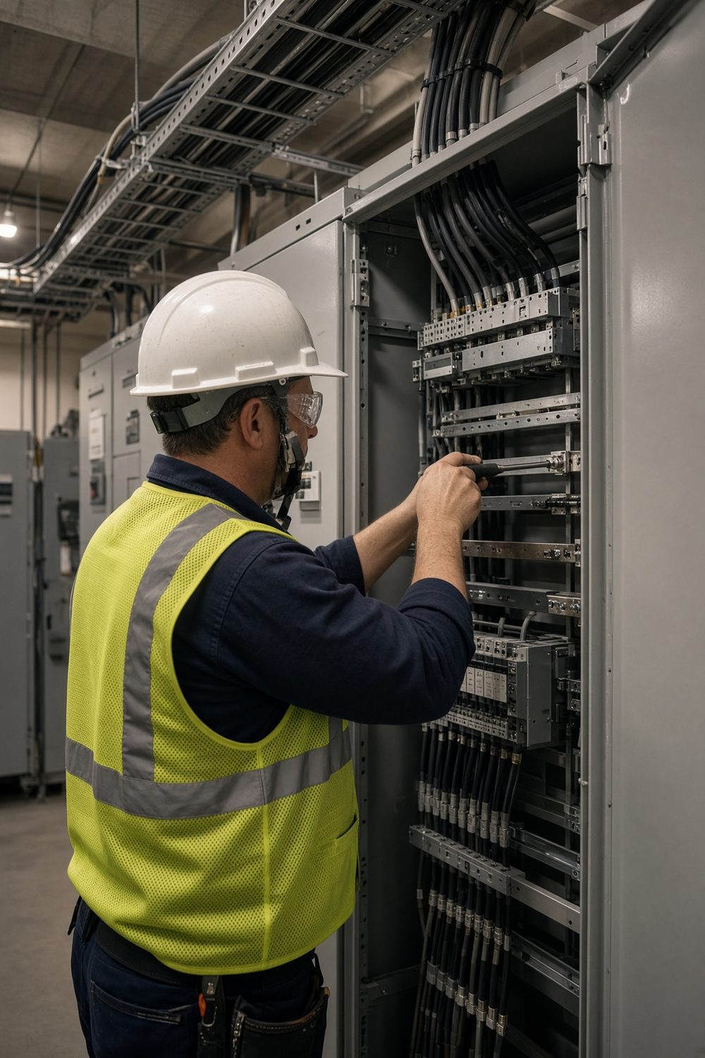 Licensed electrician working on commercial electrical equipment